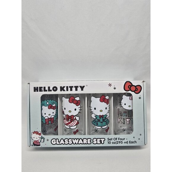 HELLO KITTY Christmas Set Of Four 10 oz(295 ml) Each Glass Cups - Picture 1 of 11